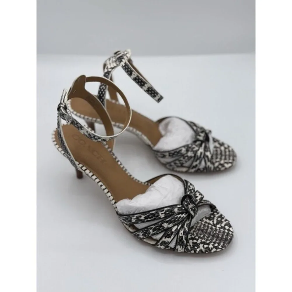 Coach Meg Land Snake Embossed Leather Sandals Heels in black and white  Size 8.5